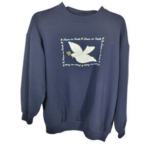 Basic Editions Holiday Peace Dove Navy Blue Stretch Pullover Sweatshirt  Large